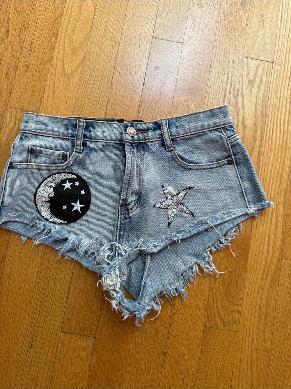 Light Wash Embellished Denim Cutoff Shorts